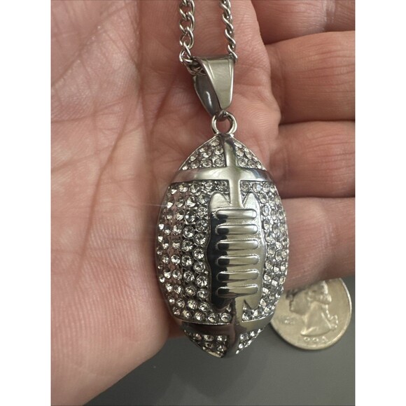 Football Pendant Chain Stainless Steel Super Bowl Gift Men’s Cubic Zirconia Iced - Picture 5 of 7